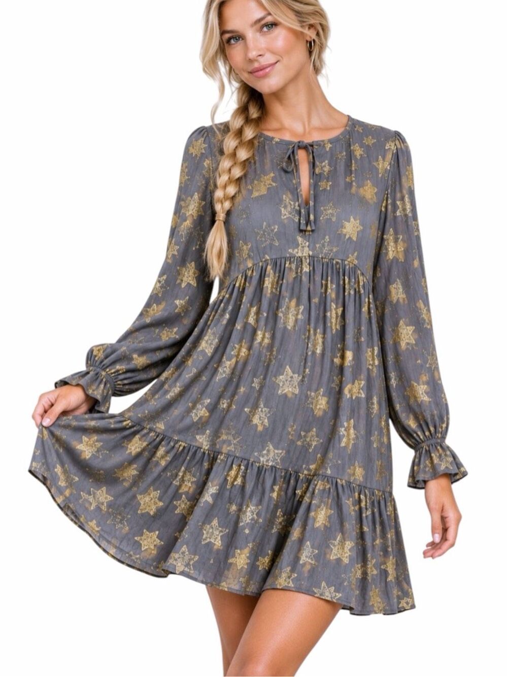 LOFT PETITES Shimmer Gold Star Tiered Mini Dress Gray XS Petite